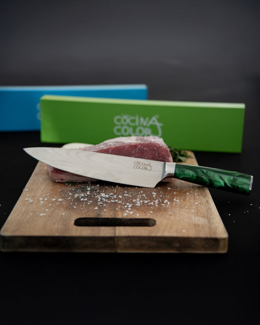 Cuchillo Profesional Acabado en Damasco - Cuchillo Chef Cocinacolor Verde
