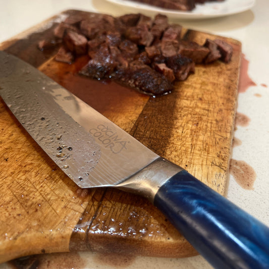 Cuchillo Profesional Acabado en Damasco - Cuchillo Chef Cocinacolor Celeste