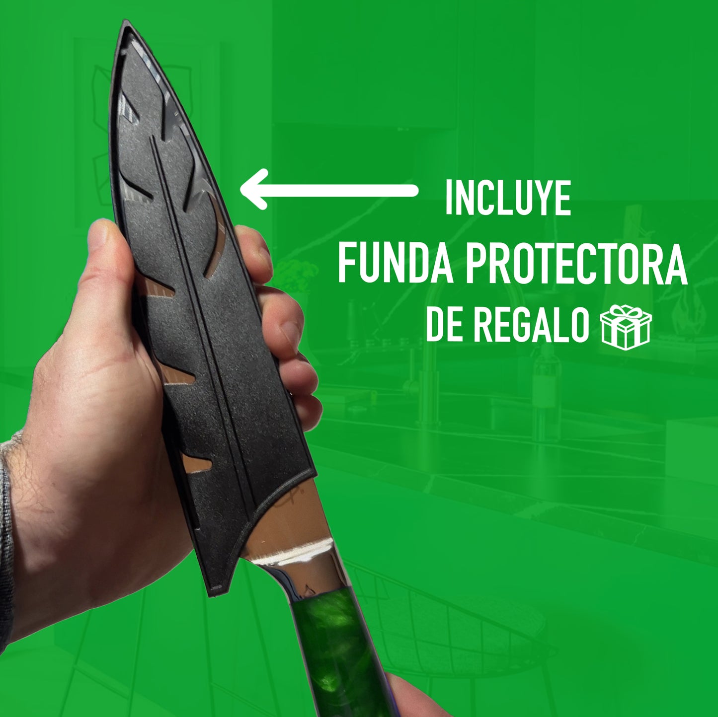 Cuchillo Acero Inoxidable Multiuso - Verde + Funda de REGALO