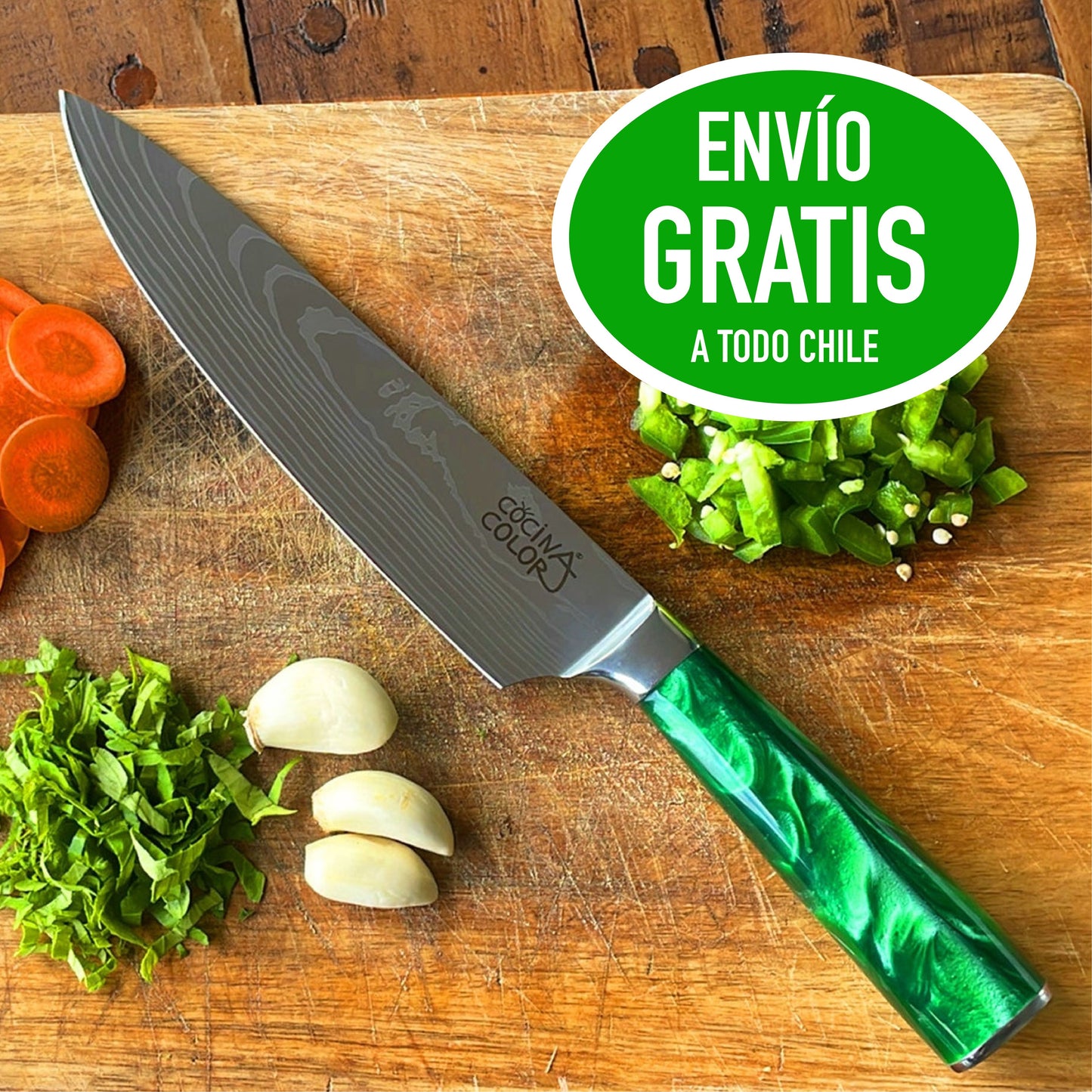 Cuchillo Acero Inoxidable Multiuso - Verde + Funda de REGALO